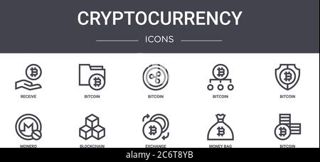 set di icone della linea di concetto di criptovaluta. contiene icone utilizzabili per il web, il logo, l'interfaccia utente/ux come bitcoin, bitcoin, monero, scambio, borsa di denaro, bitcoin, Illustrazione Vettoriale