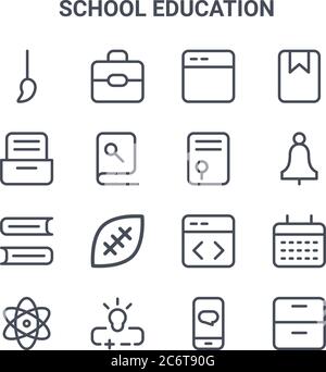 set di 16 icone di linee vettoriali per il concetto di istruzione scolastica. 64x64 icone di tratti sottili come borsa scolastica, armadietto, campana, codifica, , cabinet, chat, graduazione, Illustrazione Vettoriale