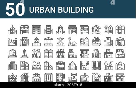 set di 50 icone di edifici urbani. icone di linee sottili come negozi, circo, uffici, casa, cementery, barbiere, ufficio postale, caffè, radi Illustrazione Vettoriale