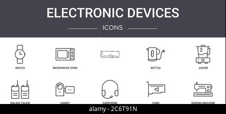 set di icone della linea di concetto dei dispositivi elettronici. contiene icone utilizzabili per il web, il logo, l'interfaccia utente/utente, come forno a microonde, bollitore, walkie talkie, auricolari, schede, s. Illustrazione Vettoriale