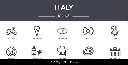 set di icone della linea italia concept. contiene icone utilizzabili per il web, il logo, l'interfaccia utente/ux come gelato, pasta, arancia, cappello da chef, bistecca, città del vaticano, italia, pepe Illustrazione Vettoriale