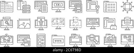 web development line icons. set lineare. qualità vettoriale set di linee come mappa del sito, seo, sito web, contenuto, plugin, login, networking, responsive de, serv Illustrazione Vettoriale