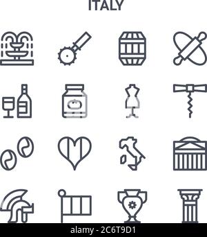 set di 16 icone di linee vettoriali italia concept. 64x64 icone di tratti sottili come taglierina per pizza, vino, cavatappi, italia, italia, colonna, vaso, manichino, roli Illustrazione Vettoriale