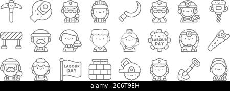 labor day line icons. set lineare. set di linee vettoriali di qualità come operaio, poliziotto, muro di mattoni, lumberjack, medico, cameriere, martello pneumatico, falce, wr Illustrazione Vettoriale