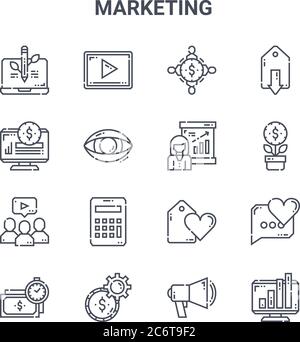 set di 16 icone di linee vettoriali di concetto di marketing. icone a tratto sottile 64x64 come video marketing, digitale, investimento, miglior prezzo, gestione del denaro, sta Illustrazione Vettoriale
