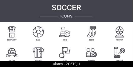 set di icone di linea di concetto di calcio. contiene icone utilizzabili per il web, logo, ui/ux come palla, calze, calcio, bandiera, giocatori, calcio, trofeo, cono Illustrazione Vettoriale