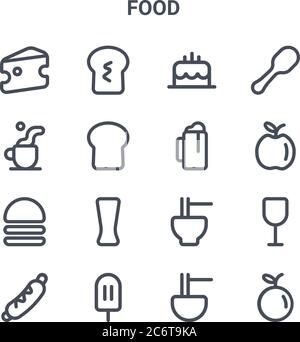 set di 16 icone di linee vettoriali per alimenti. 64x64 icone di tratti sottili come pane, caffè, mela, noodle, gelato, arancia, noodle, birra, cucchiaio Illustrazione Vettoriale