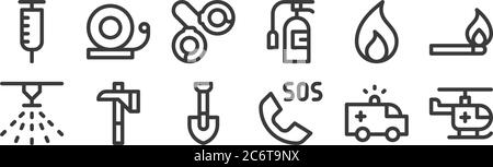 12 set di icone di emergenza lineari. icone con contorni sottili come elicottero, sos, ax, fuoco, manette, campanello di allarme per il web, cellulare Illustrazione Vettoriale