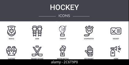 set di icone della linea di concetto hockey. contiene icone utilizzabili per il web, logo, ui/ux come shin, cronometro, vestiti, bottiglia d'acqua, hockey su ghiaccio, corno, hockey, tr Illustrazione Vettoriale