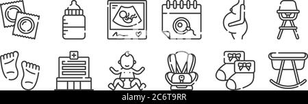 12 set di icone lineari per maternità. icone con contorni sottili come presepe, seggiolino per auto, ospedale, gravidanza, ultrasuoni, biberon per il web, cellulare Illustrazione Vettoriale