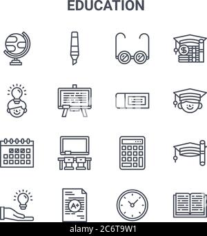 set di 16 icone di linee vettoriali per il concetto di istruzione. 64x64 icone di tratti sottili come evidenziatore, conoscenza, graduazione, calcolatrice, grado, libro, orologio, era Illustrazione Vettoriale