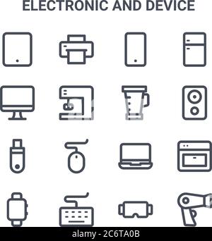 set di 16 icone di linee vettoriali elettroniche e di concetto del dispositivo. 64x64 icone con tratti sottili come stampante, monitor, altoparlante, laptop, tastiera, asciugacapelli, vi Illustrazione Vettoriale