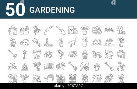 set di 50 icone di giardinaggio. contorno icone linea sottile come grumo di albero, panca, germogli, rastrello, albero, cactus, punta, fertilizzante, guanto mano, capanne Illustrazione Vettoriale
