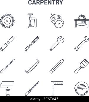 set di 16 icone di linee vettoriali di concetto di carpenteria. icone di corsa sottile 64x64 come morsetto, scalpello, chiave, matita, raspa, sega a taglio, prova a squadra, chiave, sa Illustrazione Vettoriale