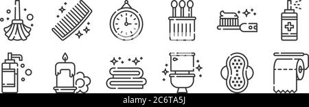 12 set di icone di routine per l'igiene lineare. icone con contorni sottili come carta igienica, wc, candela, spazzola per denti, orologio, pettine per il web, cellulare Illustrazione Vettoriale