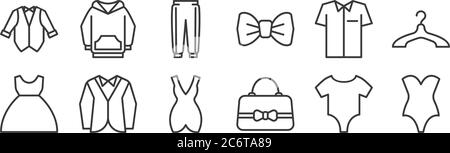 12 set di icone per guardaroba lineari. icone con contorni sottili come costume da bagno, borsa, smoking, uniforme, pantaloni, felpa con cappuccio per web, cellulare Illustrazione Vettoriale