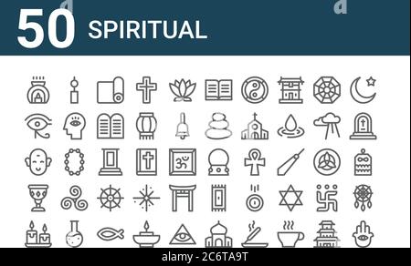 set di 50 icone spirituali. delineare icone sottili come hamsa, candele, calice santo, buddha, occhio di ra, furin, palla di cristallo, , leggio, tappetino Illustrazione Vettoriale