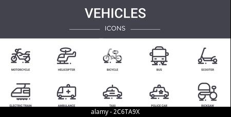 set di icone della linea di concetto dei veicoli. contiene icone utilizzabili per il web, il logo, l'interfaccia utente/utente, come elicottero, autobus, treno elettrico, taxi, macchina di polizia, risciò, scooter Illustrazione Vettoriale