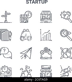 set di 16 icone di linee vettoriali di concetto di avvio. 64x64 icone di tratti sottili come tempo, documenti, ricerca, laptop, top, annuncio, store, crescita, optim Illustrazione Vettoriale