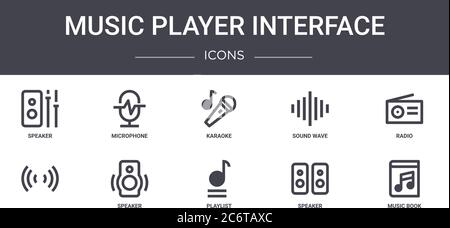 set di icone della linea di concetto dell'interfaccia del lettore musicale. contiene icone utilizzabili per il web, il logo, l'interfaccia utente/utente, quali microfono, onda audio, , playlist, altoparlante, musica b Illustrazione Vettoriale