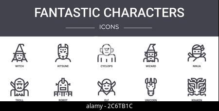 set di icone di concetto per personaggi fantastici. contiene icone utilizzabili per il web, il logo, l'interfaccia utente/ux come kitsune, wizard, troll, elfo, unicorn, kraken, ninja, c. Illustrazione Vettoriale