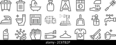icone linea di pulizia. set lineare. set di linee vettoriali di qualità come detergente, camicia, dentifricio, wc, lavaggio a mano, lavastoviglie, wc, attenzione, cestino Illustrazione Vettoriale