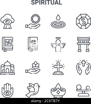 set di 16 icone di linee vettoriali di concetto spirituale. 64x64 icone di tratti sottili come rosario, vedas, porta torii, croce, colomba, equilibrio, candela, angelo, tao Illustrazione Vettoriale