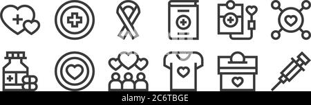 12 insieme di icone di beneficenza lineari. icone di contorni sottili come vaccino, donna, donazione, trasfusione di sangue, nastro, donazione per il web, cellulare Illustrazione Vettoriale