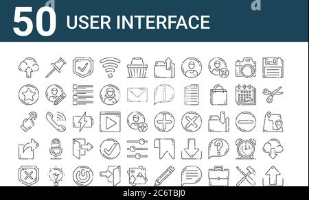 set di 50 icone dell'interfaccia utente. delineare icone di linee sottili come caricamento, protezione, condivisione, schermo a sfioramento, preferito, marcatore, aggiungi Illustrazione Vettoriale