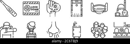 12 set di icone lineari per la prevenzione del coronavirus, icone con contorni sottili come sociale, portatile, maschera medica, maschera medica, coronavirus, blocco per il web, Illustrazione Vettoriale
