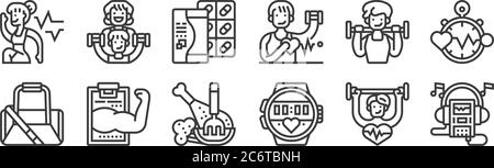 12 set di icone lineari per il fitness. icone con contorni sottili come lettore musicale, orologio sportivo, report medico, esercizio, droga, allenatore per il web, cellulare Illustrazione Vettoriale