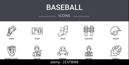 set di icone per linea di concetto di baseball. contiene icone utilizzabili per il web, il logo, l'interfaccia utente/utente, come biglietti, ginocchiere, guanti da baseball, baseball, arbitro, palla di fuoco, hel Illustrazione Vettoriale