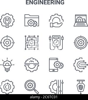 set di 16 icone di linee vettoriali di concetto ingegneristico. 64x64 icone di tratti sottili come gestione file, connessione, destinazione, impostazioni, ricerca, gru, impostazione Illustrazione Vettoriale