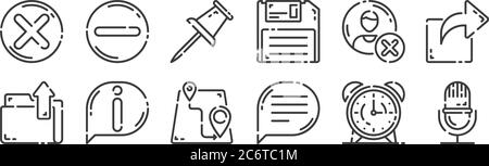 12 set di icone dell'interfaccia utente lineare. icone con contorni sottili come microfono, messaggio, informazioni, elimina account, marcatore, rimuovi per il web, cellulare Illustrazione Vettoriale