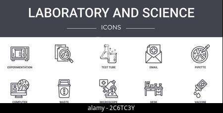 set di icone per laboratorio e scienza. contiene icone utilizzabili per web, logo, ui/ux quali , e-mail, computer, microscopio, scrivania, vaccino, pipettaggio Illustrazione Vettoriale