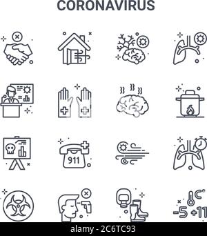 set di 16 icone di linee vettoriali di concetto coronavirus. 64x64 icone di ictus sottile come ventilazione, statistiche, ebollizione, trasmissione dell'aria, febbre, temperatura, Illustrazione Vettoriale