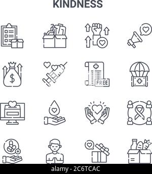 set di 16 icone di linee vettoriali di concetto di gentilezza. 64x64 icone di ictus sottile come medico, raccolta fondi, umanitario, gentilezza, preghiera, donazione di cibo, gi Illustrazione Vettoriale