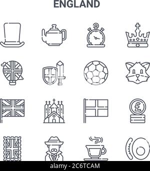 set di 16 icone di linee vettoriali inglesi concept. 64x64 icone di tratti sottili come teapot, mongolfiera, volpe, inghilterra, detective, colazione inglese, tè, Illustrazione Vettoriale