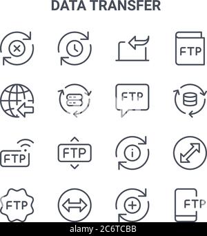 set di 16 icone di linee vettoriali di concetto di trasferimento dati. icone di tratti sottili 64x64 come coda, trasferimento dati, database, informazioni, trasferimento, ftp, aggiunta, chat, ftp Illustrazione Vettoriale