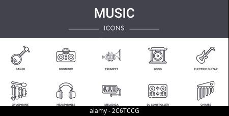 set di icone della linea di concetto musicale. contiene icone utilizzabili per il web, il logo, l'interfaccia utente/utente come boombox, gong, xilofono, melodica, controller dj, chimes, elettrico g Illustrazione Vettoriale