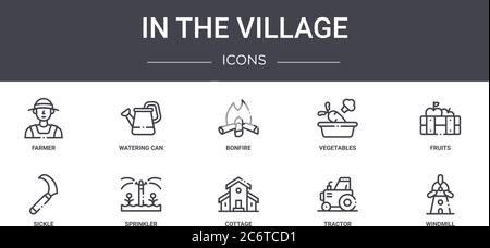 nel villaggio concept line icone set. contiene icone utilizzabili per web, logo, ui/ux come annaffiatoio, verdure, falce, cottage, trattore, mulino a vento Illustrazione Vettoriale