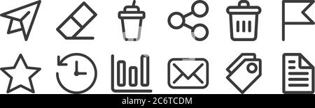 12 insieme di icone dell'interfaccia utente lineare. icone con contorni sottili come file, e-mail, cronologia, elimina, caffè, gomma per il web, cellulare Illustrazione Vettoriale