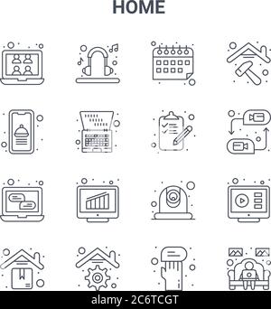 set di 16 icone di linee vettoriali home concept. icone di tratti sottili 64x64 come auricolare, app per il cibo, , webcam, casa, lavoro a casa, feedback, checklist, rappresentante Illustrazione Vettoriale