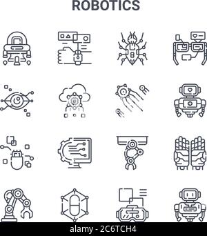 set di 16 icone di linee vettoriali di concetto robotico. 64x64 icone di tratti sottili come ologramma, riconoscimento dell'iride, robot, braccio robotico, pillola, robot, rea virtuale Illustrazione Vettoriale