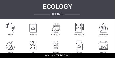 set di icone della linea di concetto di ecologia. contiene icone utilizzabili per il web, logo, ui/ux come borsa, stazione di rifornimento, acqua, energia, bottiglia, batteria, pannello solare, Illustrazione Vettoriale