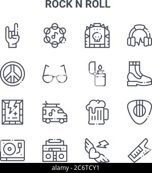 set di 16 icone di linee vettoriali di concetto rock n roll. 64x64 icone di tratti sottili come tamburello, pace, stivali, alcol, boombox, keytar, tatuaggio, più leggero, Illustrazione Vettoriale