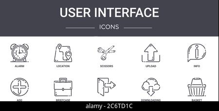 set di icone della linea di concetto dell'interfaccia utente. contiene icone utilizzabili per il web, il logo, l'interfaccia utente/utente, quali posizione, caricamento, aggiunta, download, carrello, informazioni, forbici Illustrazione Vettoriale