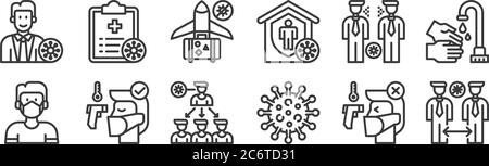 12 set di icone lineari del coronavirus. icone con contorni sottili come distanza, coronavirus, termometro, diffusione, aereo, file per il web, cellulare Illustrazione Vettoriale