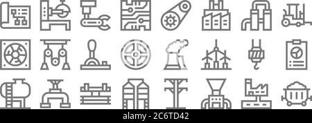 icone di linee di processo industriali. set lineare. set di linee vettoriali di qualità come carbone, frantumatore, silo, serbatoio, gancio, leva, carrello elevatore, ingranaggi, macchina per sega Illustrazione Vettoriale