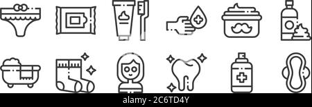 12 set di icone di routine per l'igiene lineare. icone con contorni sottili come ad esempio sanitari, denti, calze, crema per baffi, igiene dei denti, panni per il web, mobili Illustrazione Vettoriale